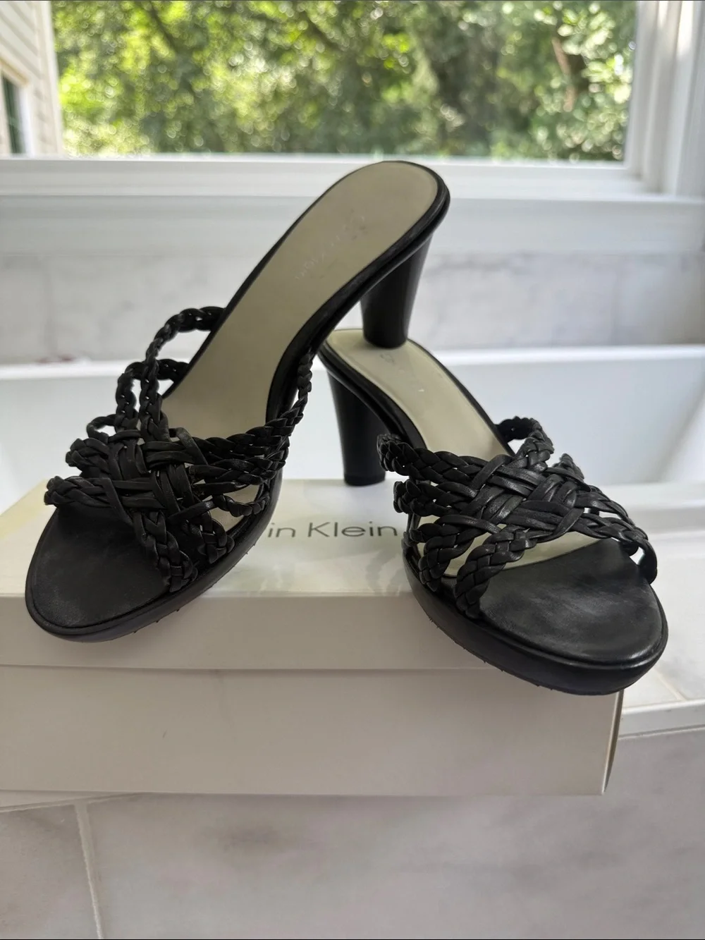 Calvin Klein Black Braided Leather Mule Heels 8 1/2 nib